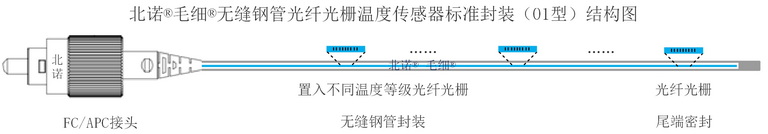 北諾100攝氏度毛細無縫鋼管串式（陣列式）光纖光柵傳感器（01型）結(jié)構(gòu)圖